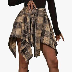 Women's Plaid Skirts High Waisted Tie Front Skirt ,Asymmetrical Casual Skirt